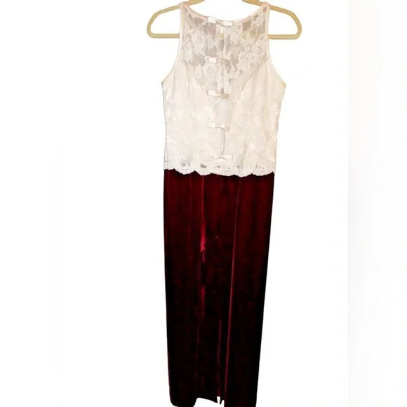 Belsoie Vintage cream Lace & Bows Red burgundy Velvet maxi Dress Gunne sax - Picture 6 of 16